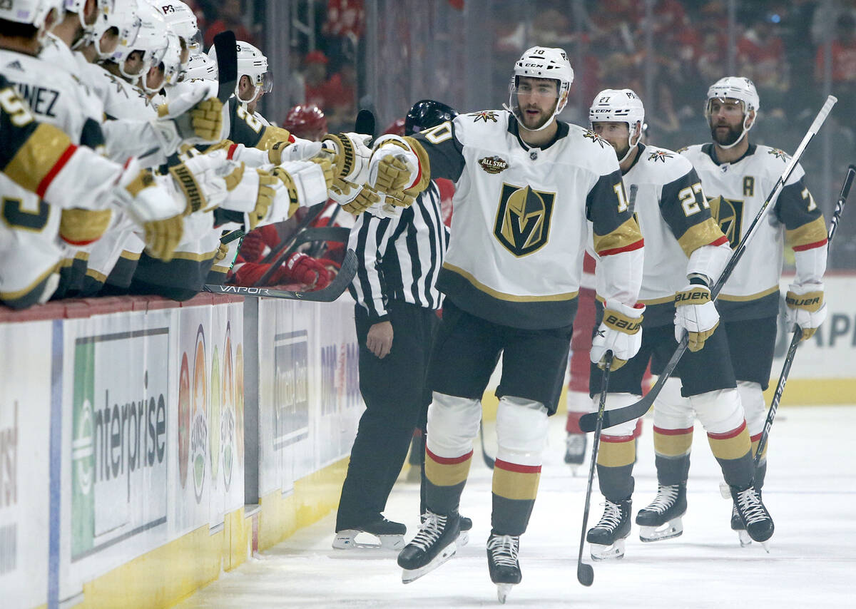 Vegas Golden Knights center Nicolas Roy (10) celebrates his goal against the Detroit Red Wings ...