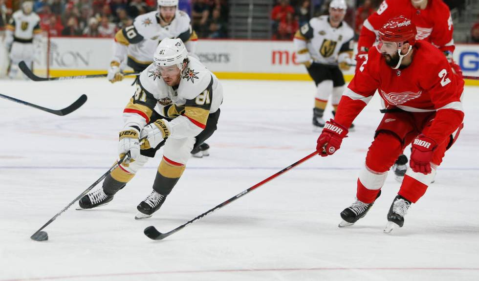 Vegas Golden Knights center Jonathan Marchessault (81) skates against Detroit Red Wings defense ...