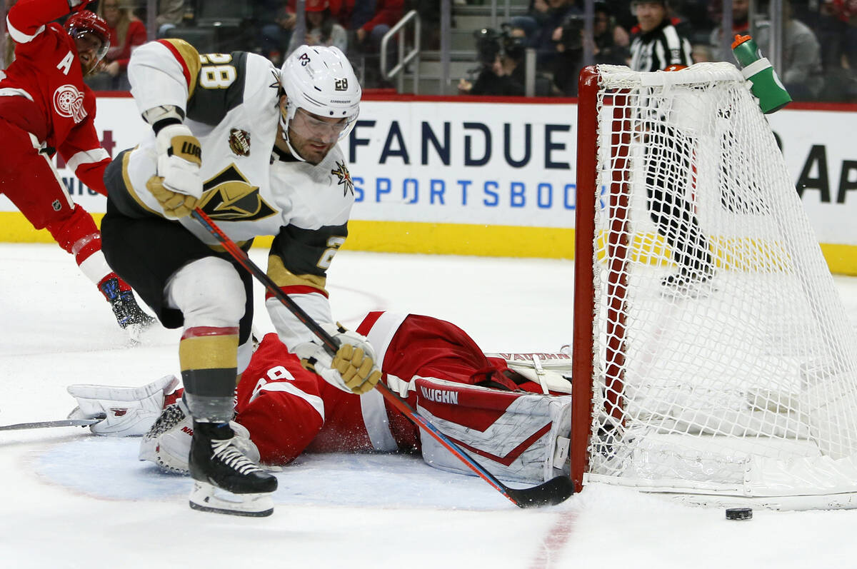 Vegas Golden Knights left wing William Carrier (28) misses his shot against Detroit Red Wings g ...