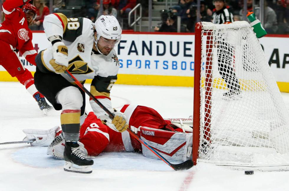 Vegas Golden Knights left wing William Carrier (28) misses his shot against Detroit Red Wings g ...