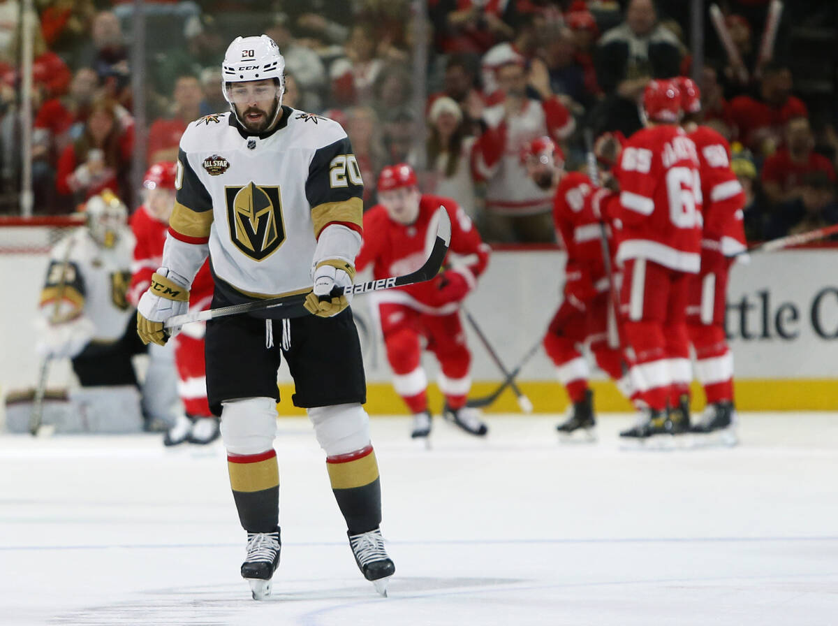 Vegas Golden Knights center Chandler Stephenson (20) skates off while the Detroit Red Wings cel ...