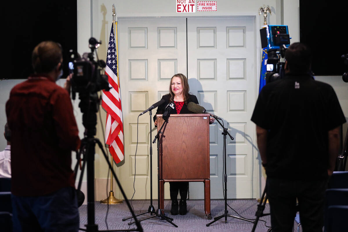 Clark County School Board President Linda Cavazos addresses the media at a press conference on ...