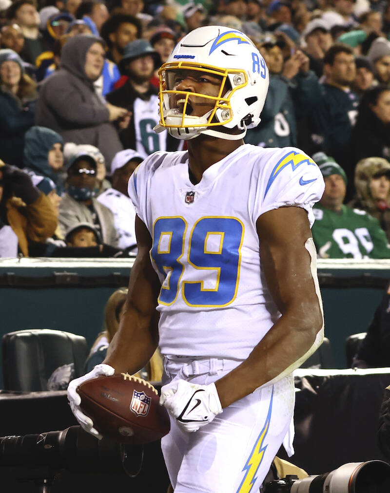 Los Angeles Chargers tight end Donald Parham (89) celebrates his touchdown against the Philadel ...