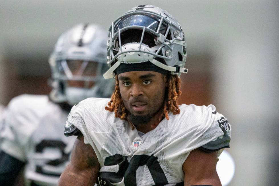 Raiders cornerback Damon Arnette (20) stretches during team practice at the Raiders Headquarter ...