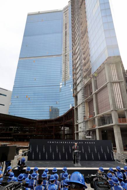 Gov. Steve Sisolak speaks during a commencement ceremony at the yet-to-be finished Fontaineblea ...