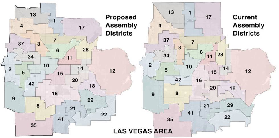 Current and proposed Assembly districts, Las Vegas area, compared.