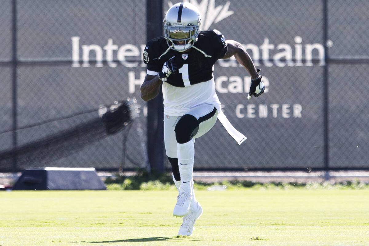Raiders wide receiver DeSean Jackson (1) runs on the field during a practice session at Raiders ...
