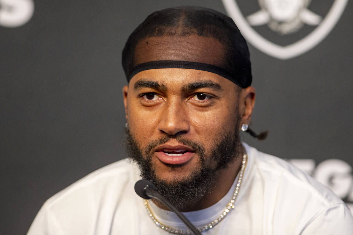 Raiders wide receiver DeSean Jackson answers questions during a news conference at Raiders head ...