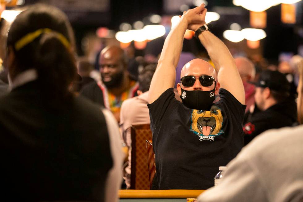 Joe Marincola stretches out while in a game during the World Series of Poker Main Event at the ...