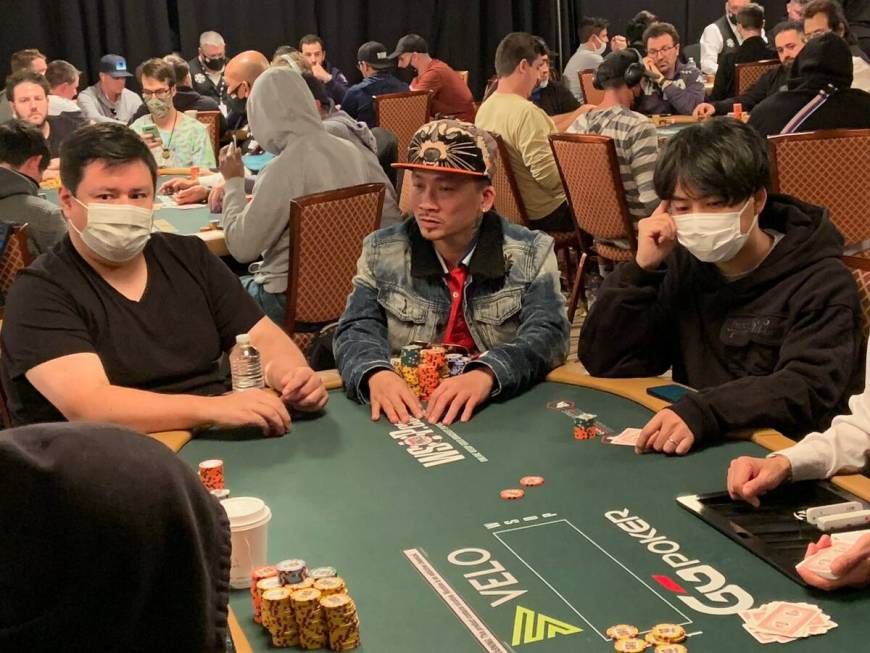 Qui Nguyen plays on Day 3 of the World Series of Poker Main Event on Thursday, Nov. 11, 2021, a ...