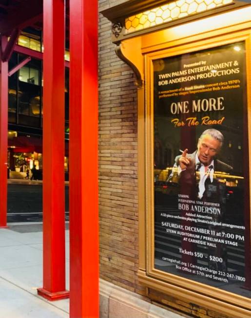 A poster for Bob Anderson's "One More For The Road" production hangs at Carnegie Hall, where An ...