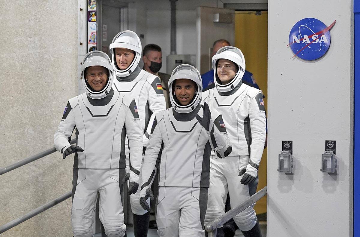 Astronauts, from left, Tom Marshburn, Matthias Maurer, of Germany, Raja Chari and Kayla Barron ...