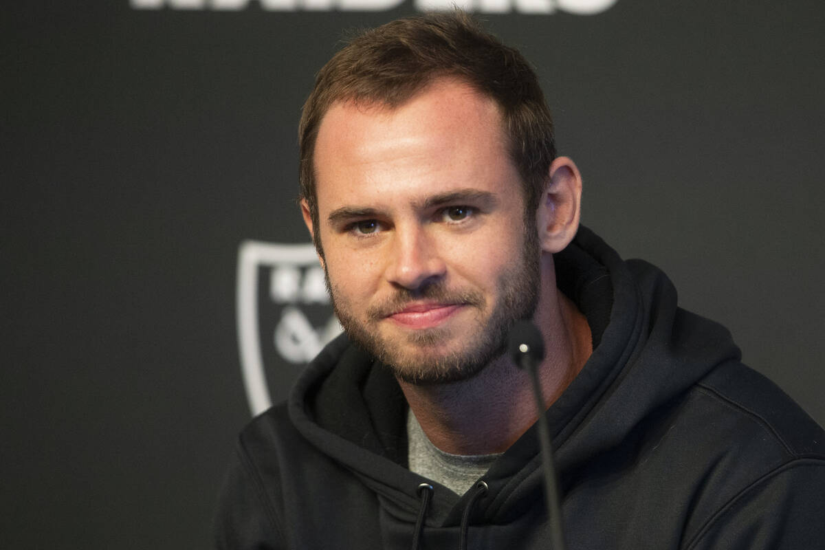 Raiders wide receiver Hunter Renfrow smiles during a news conference at Raiders headquarters at ...