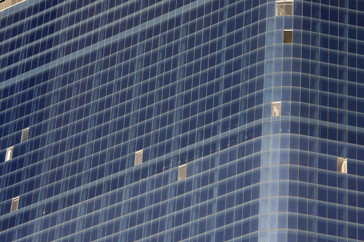 Windows are missing in the unfinished Fontainebleau building on Thursday, Oct. 14, 2021, on the ...