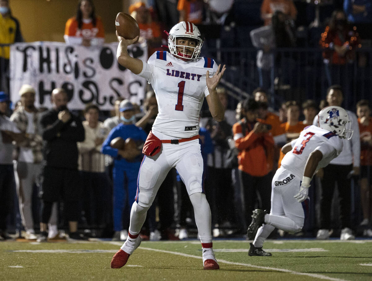 Liberty High’s quarterback Jayden Maiava (1) throws against Bishop Gorman during the fir ...