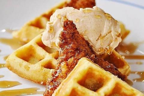 Chicken and waffles with cinnamon honey butter and maple syrup at Nellie's. (Nellie's Southern ...