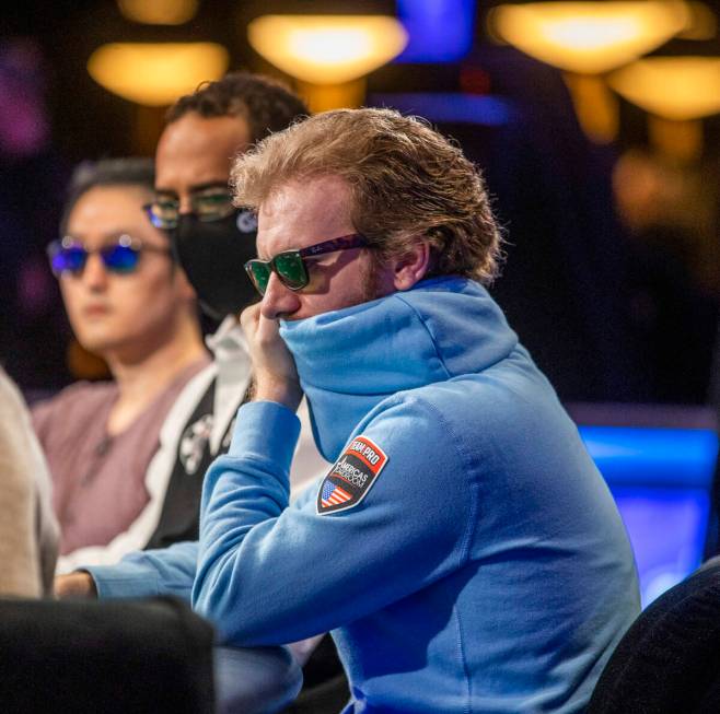 Jareth East considers his bet at the final table for the $10,000 buy-in Main Event at the World ...