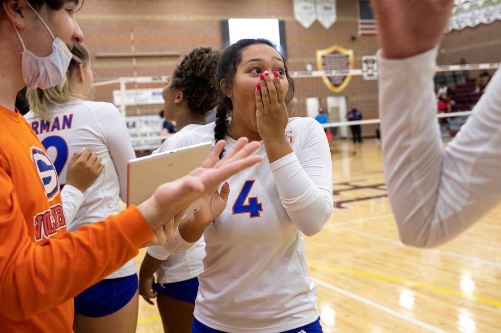 Bishop Gorman's Brooklyn Samuel (4) reacts as the team wins the Class 5A state volleyball champ ...