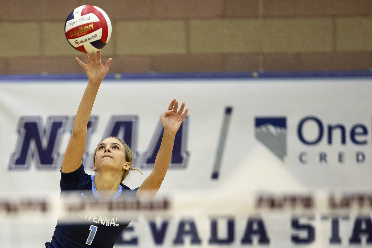 Centennial's captain Zoey Bonds serves to Bishop Gorman during the Class 5A state volleyball ch ...