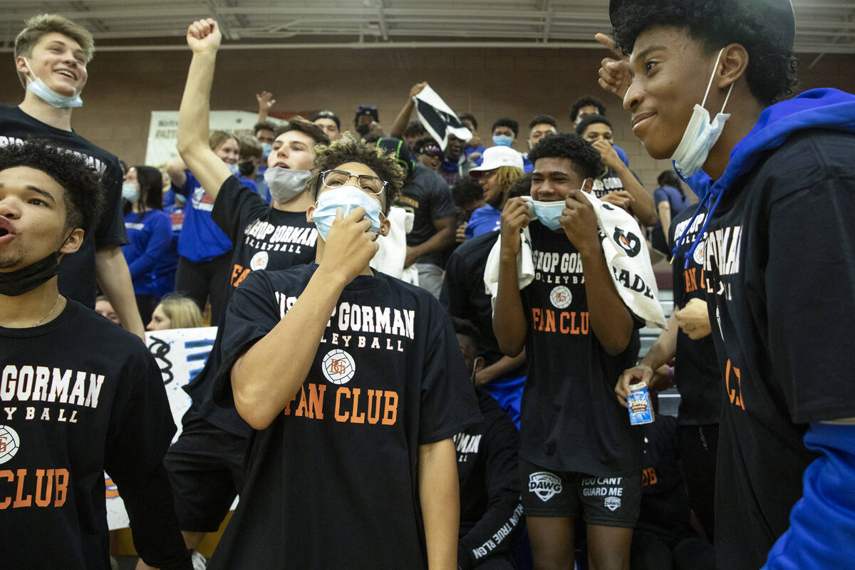 Bishop Gorman's fan section hypes up their team during the Class 5A state volleyball championsh ...