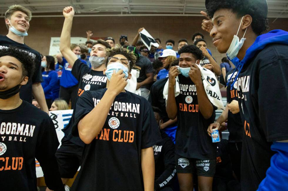 Bishop Gorman's fan section hypes up their team during the Class 5A state volleyball championsh ...