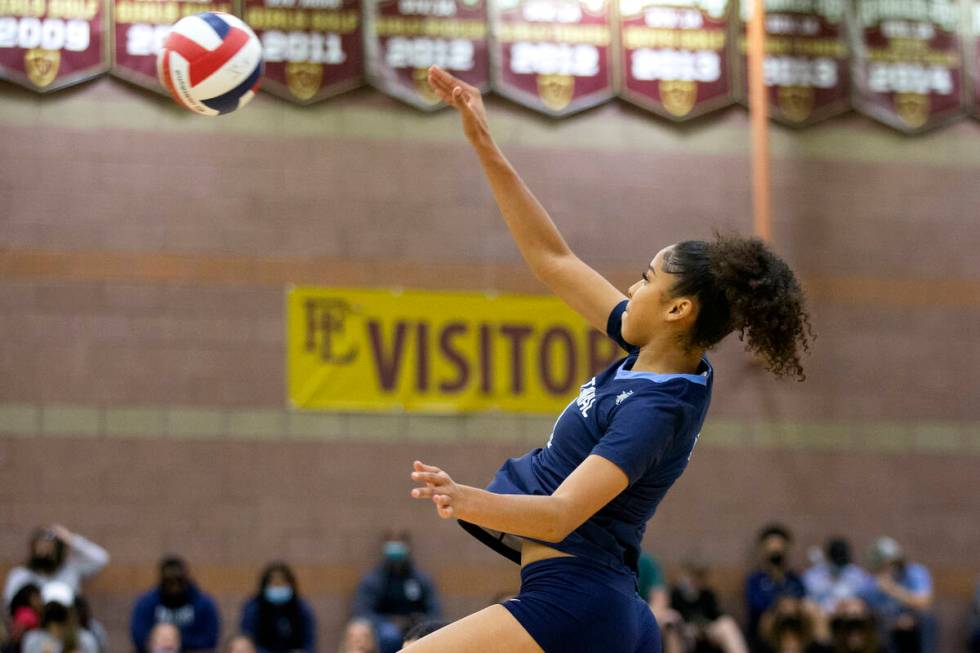 Centennial's Charlece Ohiaeri (13) spikes to Bishop Gorman during the Class 5A state volleyball ...