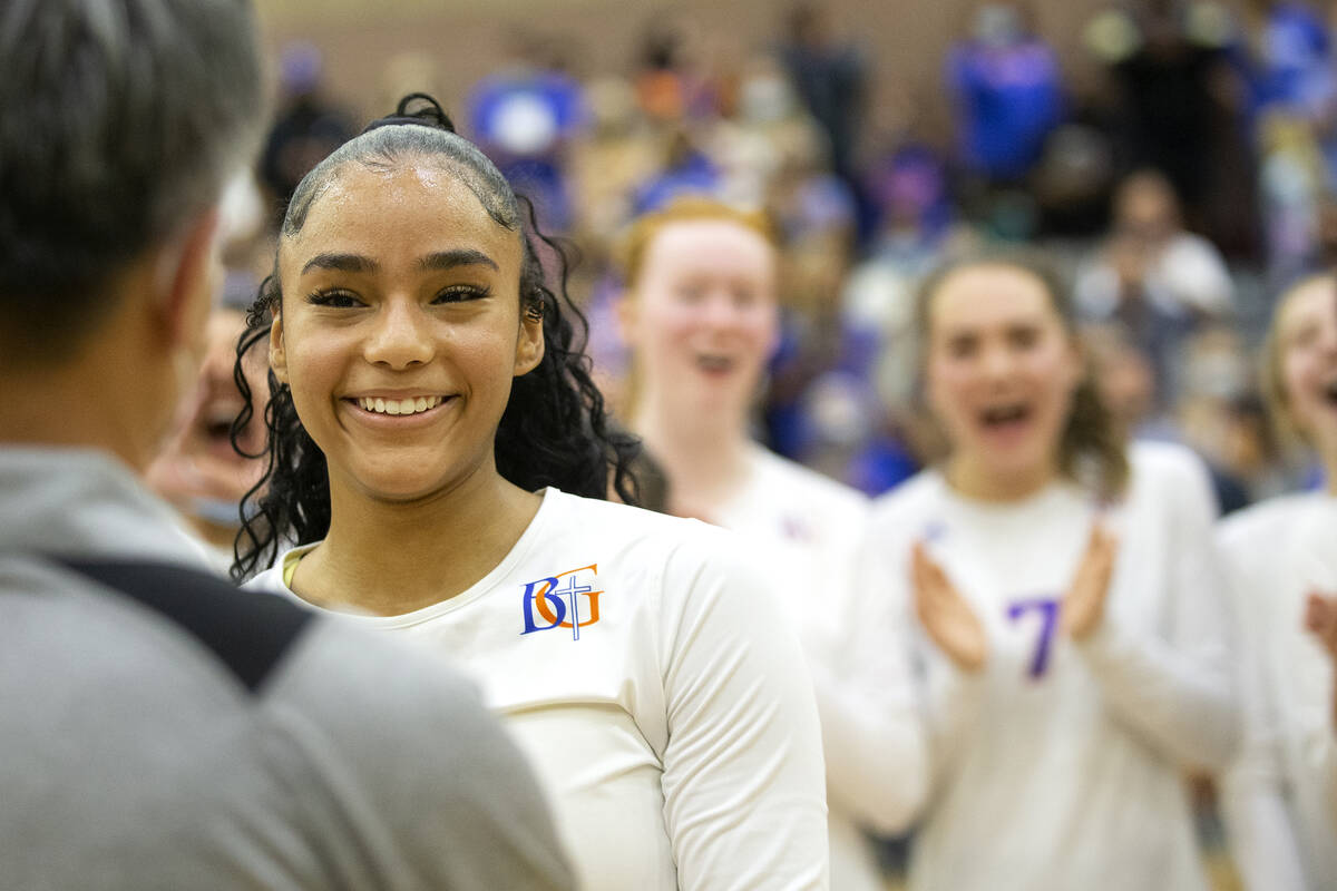Bishop Gorman's Sophia Ewalefo accepts her first place medal after winning the Class 5A state v ...