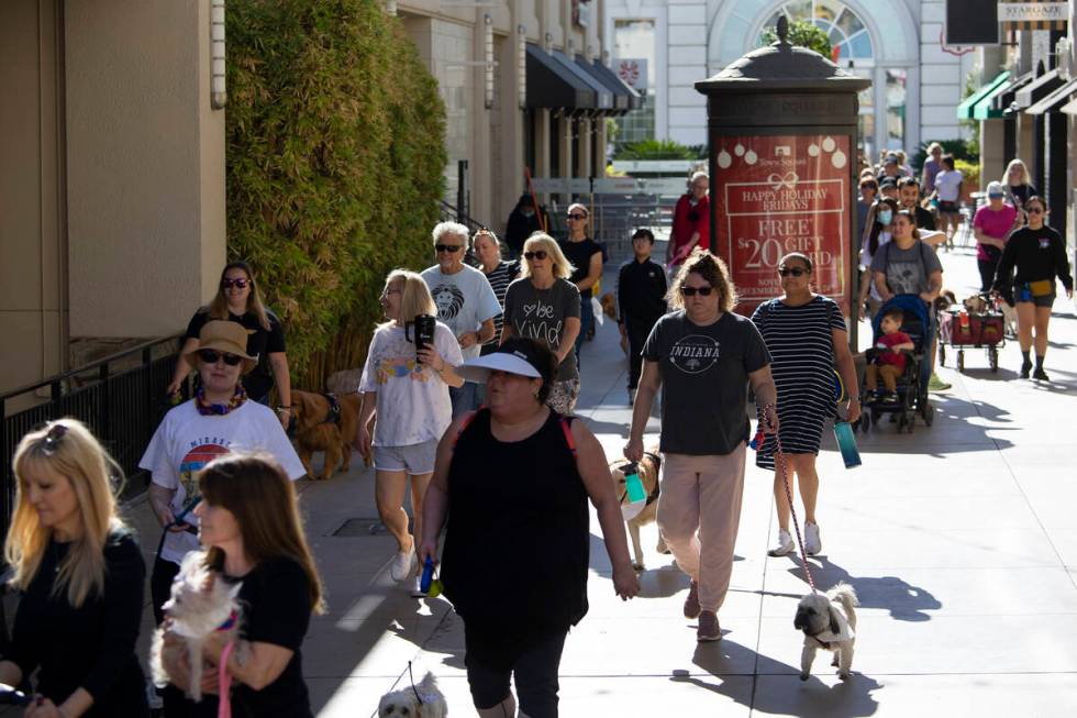 Owners and canines walk in honor of Tina Tintor and her golden retriever, Max, at Town Square L ...