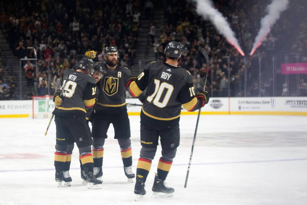 Golden Knights right wing Reilly Smith (19), defenseman Alex Pietrangelo (7) and center Nicolas ...