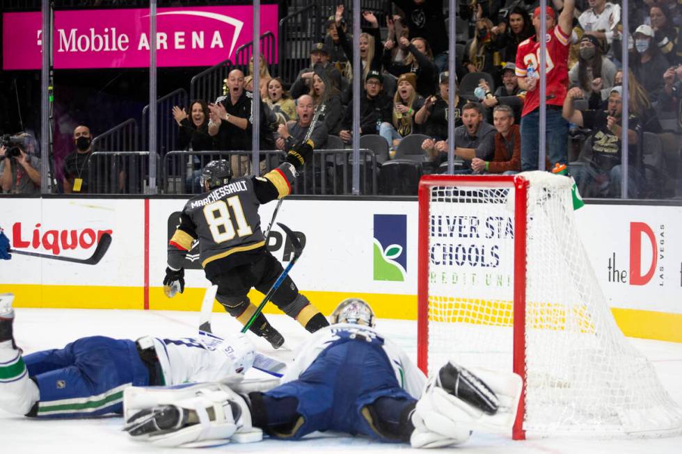 Golden Knights center Jonathan Marchessault (81) skates away after scoring his second goal of t ...