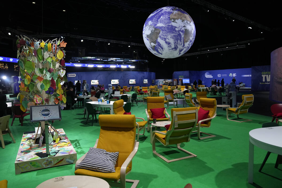 The Action Zone is seen as the day starts quietly at the COP26 U.N. Climate Summit, in Glasgow, ...