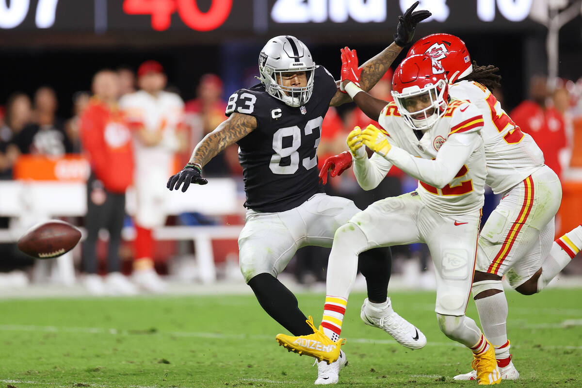 Kansas City Chiefs safety Juan Thornhill (22) drops a ball intended for Raiders tight end Darre ...