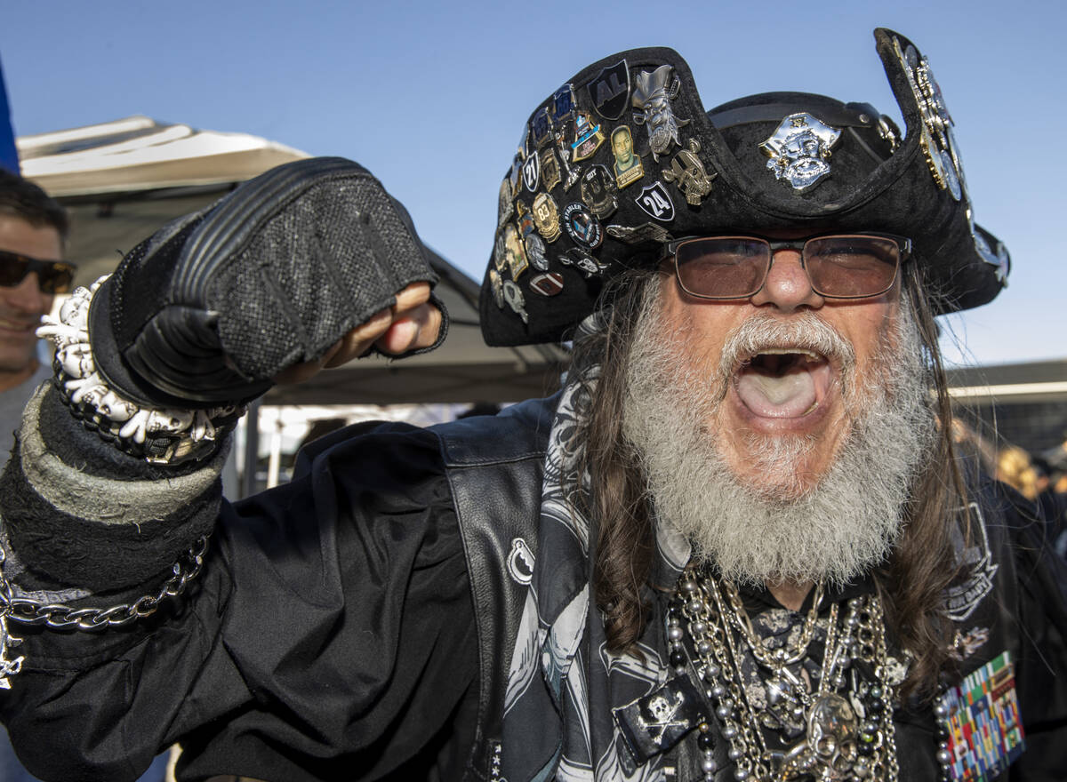 Captain Jack Rack'Em gives a yell in tailgating before an NFL game versus the Kansas City Chief ...