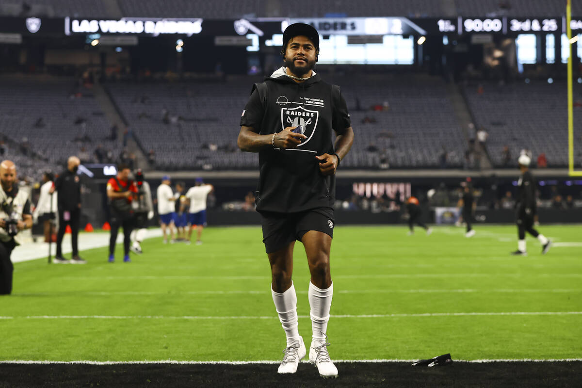 Las Vegas Raiders wide receiver DeSean Jackson warms up before the start of an NFL game against ...