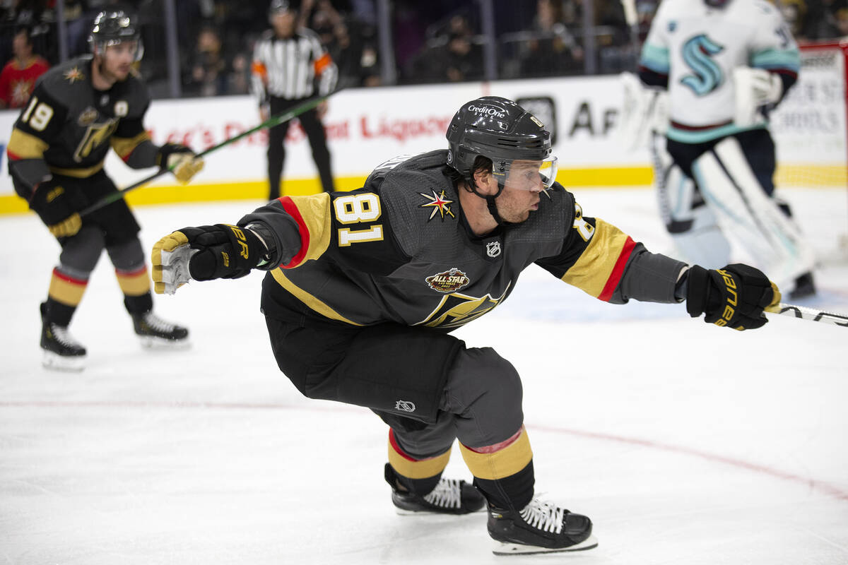 Golden Knights center Jonathan Marchessault (81) reaches and skates for the puck in the third p ...