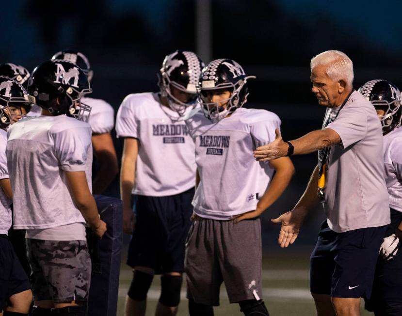 The Meadows High School football head coach Jack Concannon directs his players during practice, ...