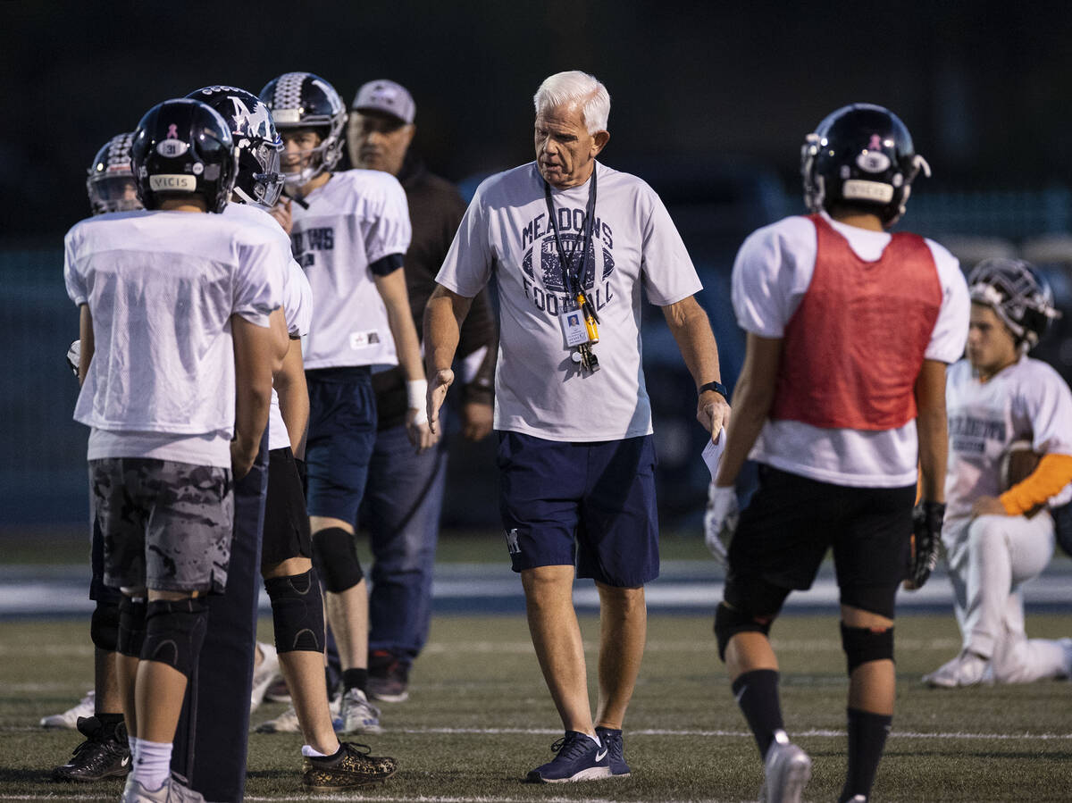 The Meadows High School football head coach Jack Concannon watches his players during practice, ...