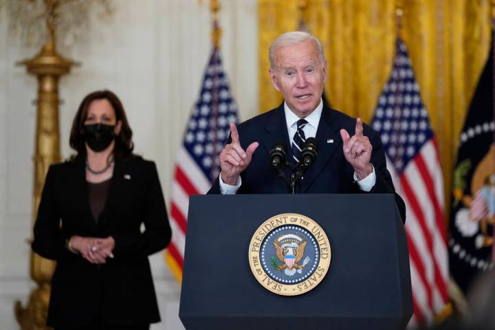 President Joe Biden speaks about his domestic agenda from the East Room of the White House in W ...