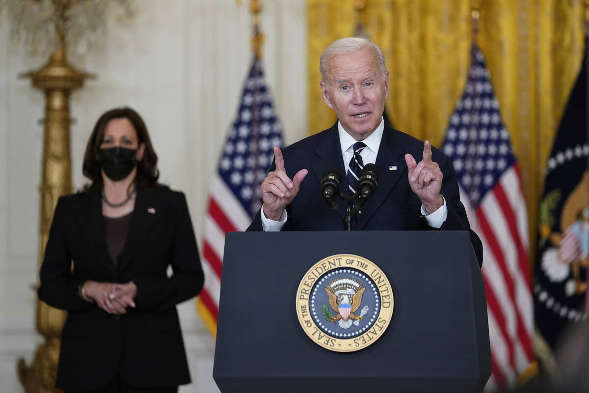 President Joe Biden speaks about his domestic agenda from the East Room of the White House in W ...