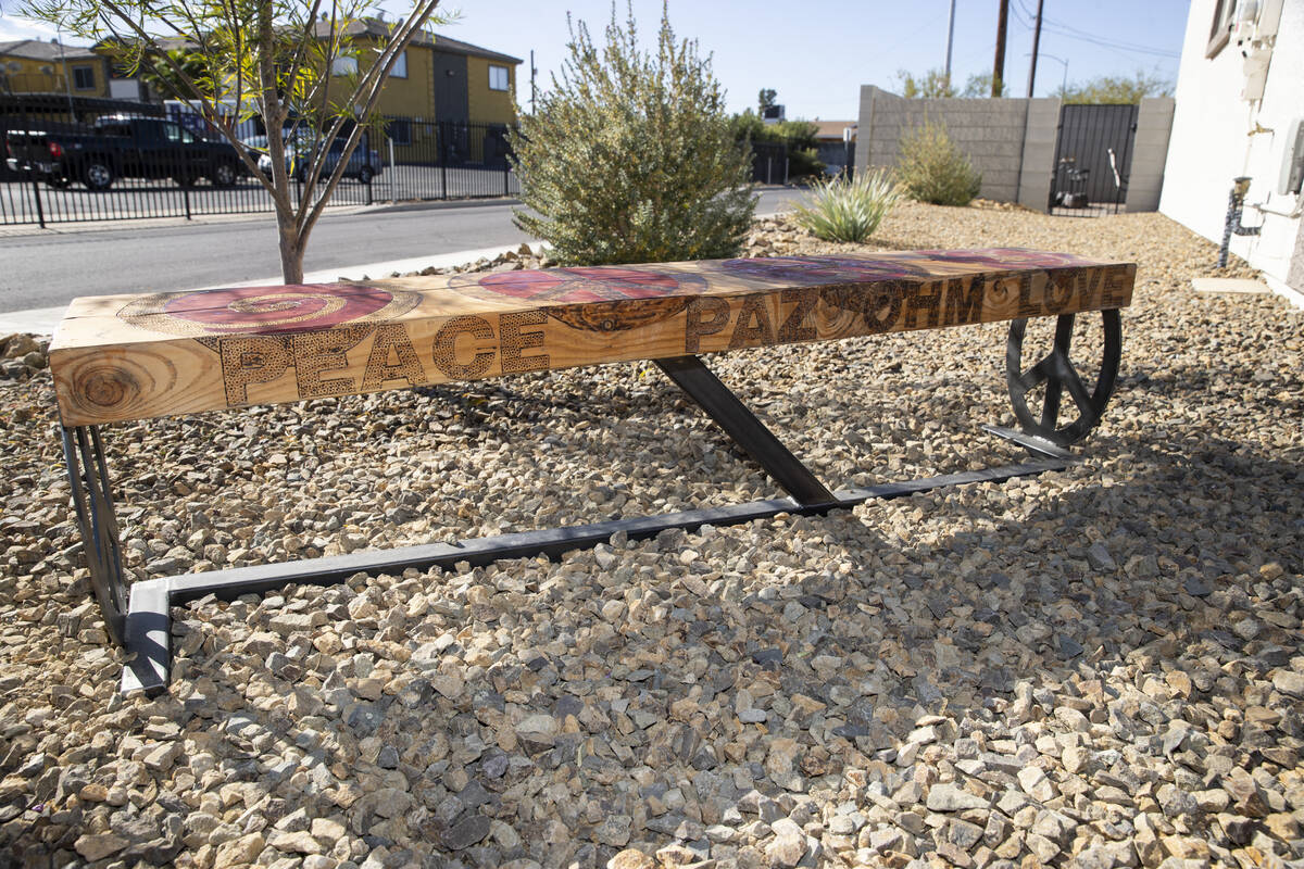 A bench unveiled by Habitat for Humanity in collaboration with musician Carlos Santana is seen ...