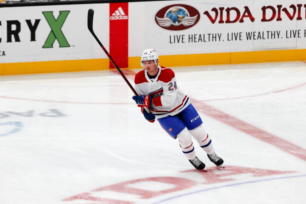 Montreal Canadiens forward Adam Brooks (24) warms up before an NHL hockey game against the Anah ...