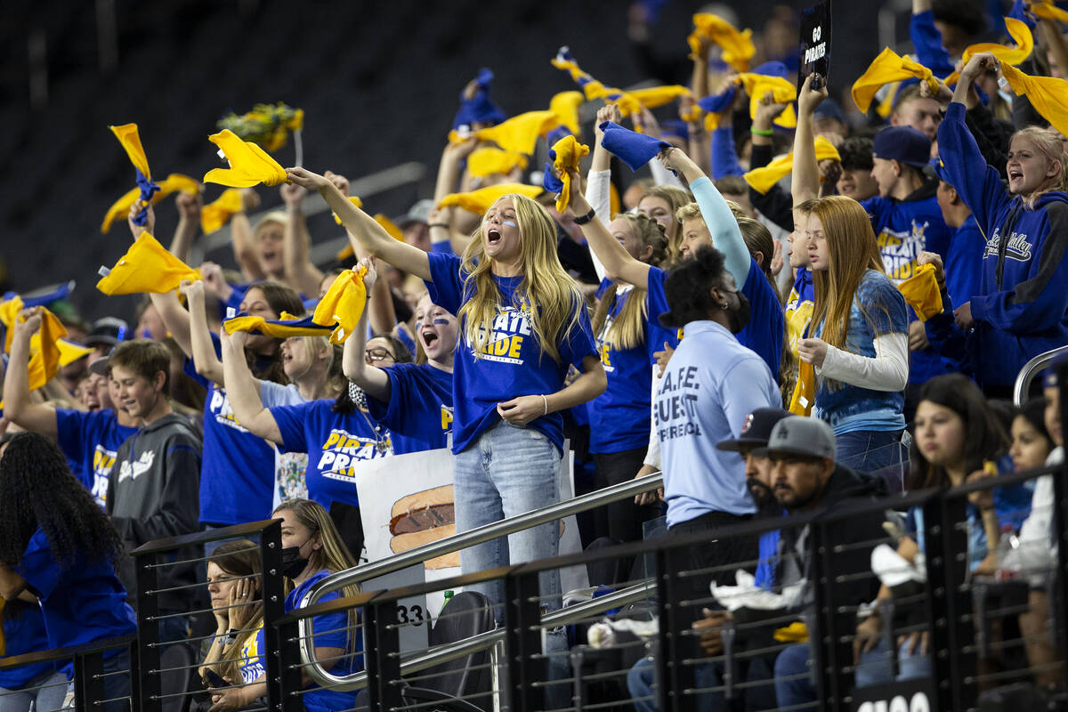 The Moapa Valley student section cheers for their team during the second half of the Class 3A f ...