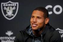 Raiders tight end Darren Waller smiles during a news conference at Raiders headquarters at the ...