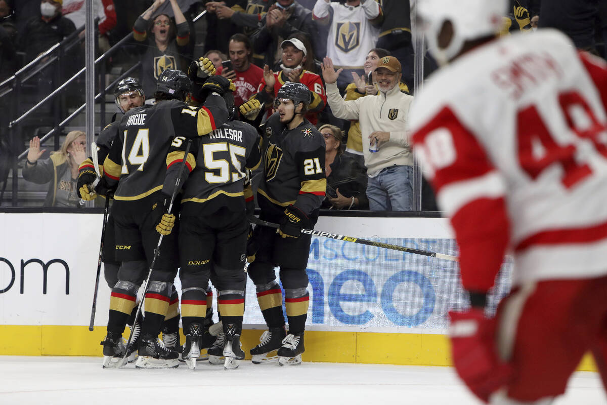 The Vegas Golden Knights celebrate after scoring against the Detroit Red Wings during the secon ...