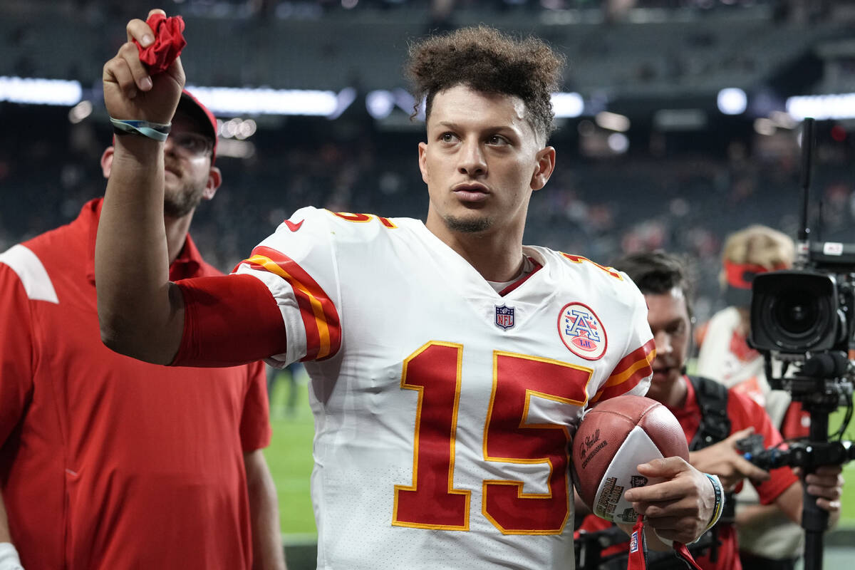 Kansas City Chiefs quarterback Patrick Mahomes (15) leaves the field after defeating the Las Ve ...