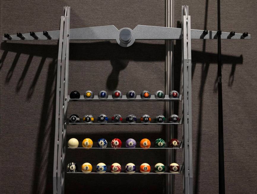 Billiard ball storage rack made by Martin Bauer Billiards is displayed at Big Boys Toys, the wo ...