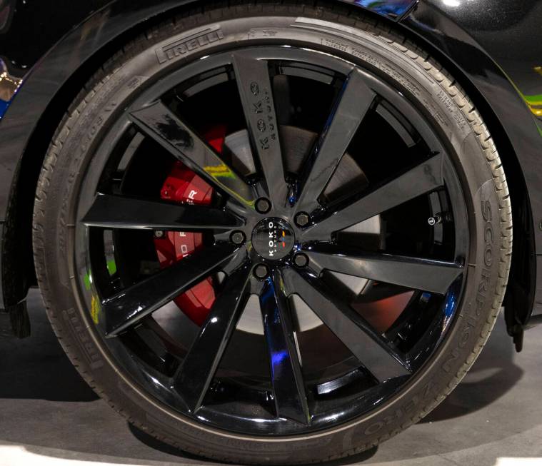 A custom wheel made by blacklist Wheels is seen on a 2021 Rang Rover at Big Boys Toys, the worl ...