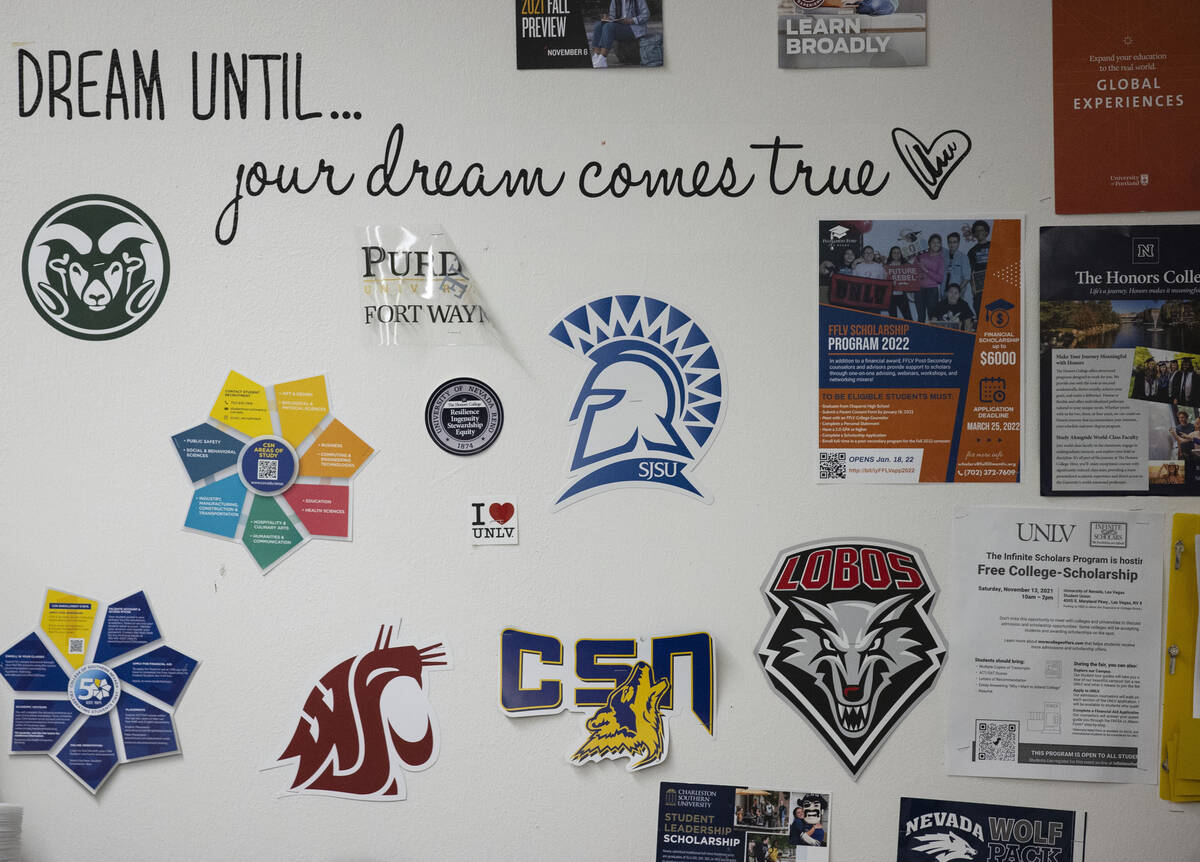Colleges and universities' stickers are displayed during a Jobs 4 Nevada Graduates (J4NG) class ...