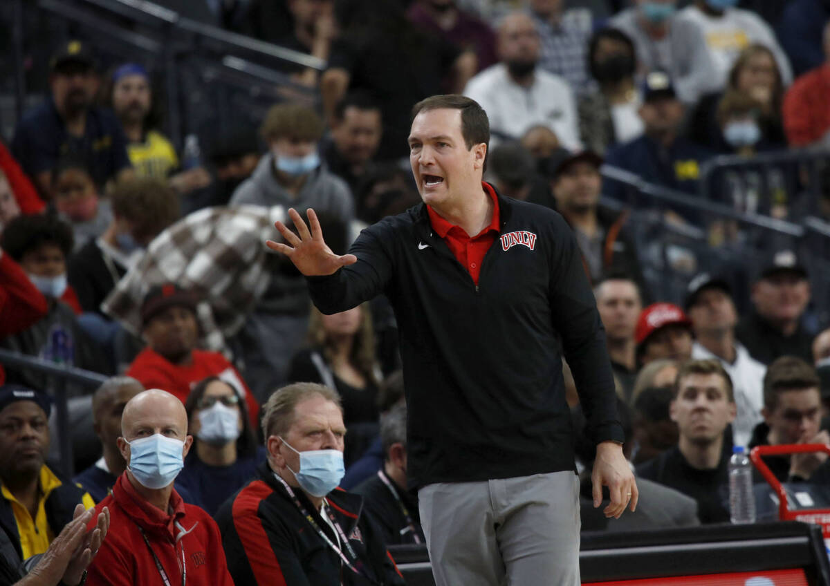 UNLV Rebels head coach Kevin Kruger gestures during the first half of a Roman Main Event first ...
