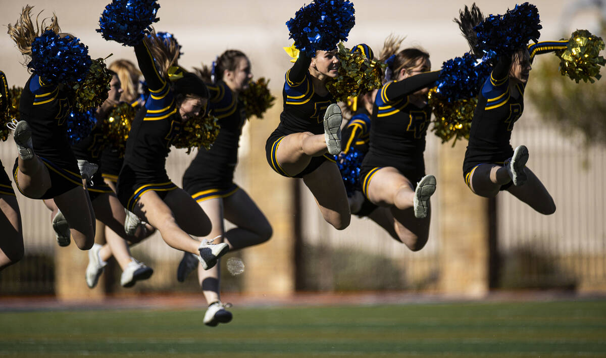 Pahranagat Valley cheerleaders perform at halftime during the 1A high school football champions ...